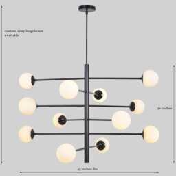 Mid Century Sputnik Chandelier - 12 Matte White Glass Globes, Black & Brass - thumbnail 3