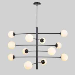 Mid Century Sputnik Chandelier - 12 Matte White Glass Globes, Black & Brass - thumbnail 1