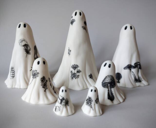 Spooky Ghost Sculpture Ceramic Floral Print Or Feather - image 1