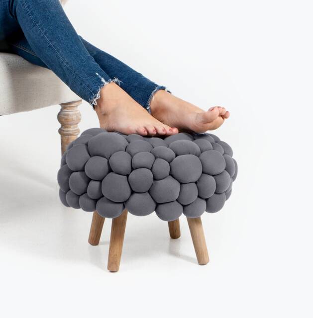 Dark Gray Bubbly Footstool Modern Padded Ottoman, Birch Legs - image 1