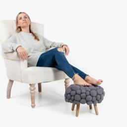 Dark Gray Bubbly Footstool Modern Padded Ottoman, Birch Legs - thumbnail 2