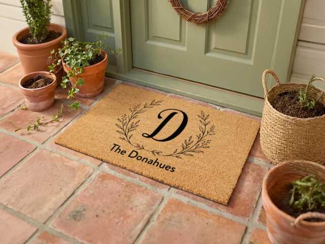 Custom Initial Doormat - Open Laurel Wreath - Personalised Monogram Coir Mat Housewarming Gift - image 1