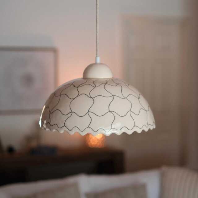 Handmade Ceramic Dome Pendant Light Cream White, Scalloped Edge - image 1