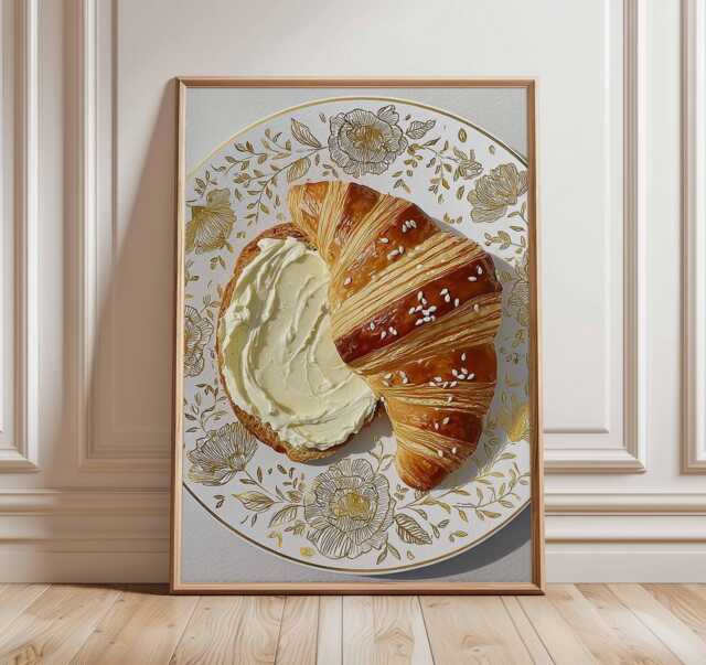 Croissant Kitchen Wall Art Print, Bakery Food Poster, French Pastry Illustration, Rustic Cafe Decor, Breakfast Dining Room Artwork - image 1