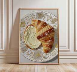 Croissant Kitchen Wall Art Print, Bakery Food Poster, French Pastry Illustration, Rustic Cafe Decor, Breakfast Dining Room Artwork - thumbnail 1
