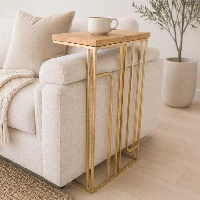 Gold Art Deco Sofa Side Table, Modern C Oak Wood Drink Holder - image 1