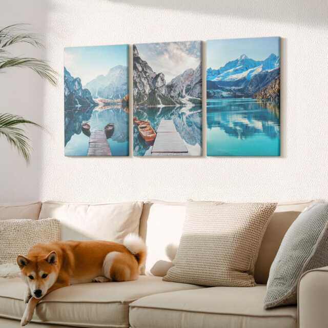 Canvas Set Of 3 Wall Art - Mountain Lakes With Boats & Reflections in The Water, Blue Print, Landscapes Decor - image 1