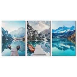 Canvas Set Of 3 Wall Art - Mountain Lakes With Boats & Reflections in The Water, Blue Print, Landscapes Decor - thumbnail 2