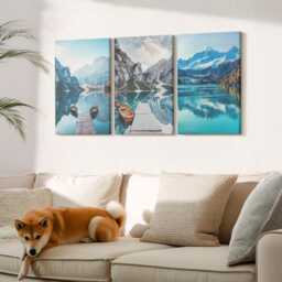 Canvas Set Of 3 Wall Art - Mountain Lakes With Boats & Reflections in The Water, Blue Print, Landscapes Decor - thumbnail 1