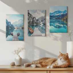 Canvas Set Of 3 Wall Art - Mountain Lakes With Boats & Reflections in The Water, Blue Print, Landscapes Decor - thumbnail 3