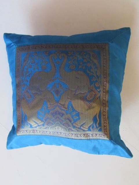 Indian Cushion Cover 2 Elephants Design Turquoise Colour 16 - image 1