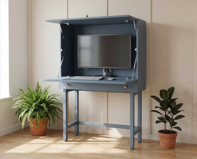 Modern Secretary Desk - Dual Opening Fold Away Mid Century Inspired Workspace With Drawer, Seattle - image 1