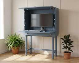 Modern Secretary Desk - Dual Opening Fold Away Mid Century Inspired Workspace With Drawer, Seattle - thumbnail 1