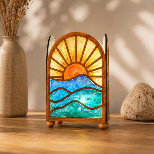 Boho Stained-Glass Stylelamp - Desert Sunset Accent Lamp Handmade Wood & Resin Night Light Ocean-Waves-Moon-Cactus Home Decor - image 1