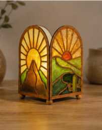 Boho Stained-Glass Stylelamp - Desert Sunset Accent Lamp Handmade Wood & Resin Night Light Ocean-Waves-Moon-Cactus Home Decor - thumbnail 2
