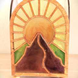 Boho Stained-Glass Stylelamp - Desert Sunset Accent Lamp Handmade Wood & Resin Night Light Ocean-Waves-Moon-Cactus Home Decor - thumbnail 4