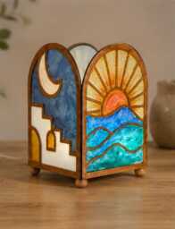 Boho Stained-Glass Stylelamp - Desert Sunset Accent Lamp Handmade Wood & Resin Night Light Ocean-Waves-Moon-Cactus Home Decor - thumbnail 3