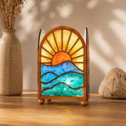 Boho Stained-Glass Stylelamp - Desert Sunset Accent Lamp Handmade Wood & Resin Night Light Ocean-Waves-Moon-Cactus Home Decor - thumbnail 1