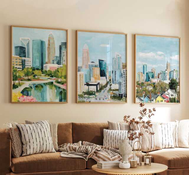 Charlotte North Carolina Poster Set Of 3 Travel Wall Art Usa City Skyline Print, Vintage Minimalist Style - image 1