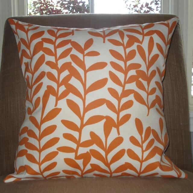New 18x18 Inch Designer Handmade Pillow Case in Bright Orange Leaves On White