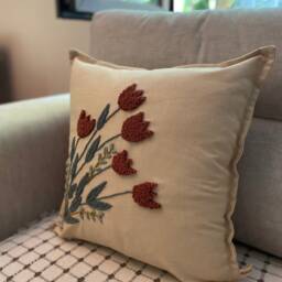 Hand Tufted Tulip Pillow Cover Linen Floral Cushion - 16x16 - thumbnail 3