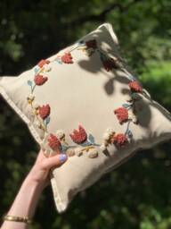 Hand Tufted Tulip Pillow Cover Linen Floral Cushion - 16x16 - thumbnail 1