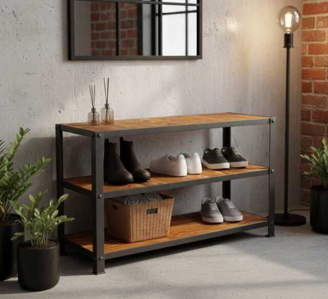 Reclaimed Wood 3-Tier Shoe Rack Bench, Industrial Entryway Organizer - image 1