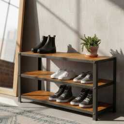 Reclaimed Wood 3-Tier Shoe Rack Bench, Industrial Entryway Organizer - thumbnail 2