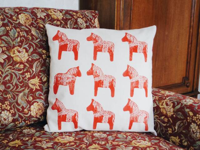 Handprinted Linen Decorative Pillow Case Red Horse Print, Animal Couch Pillow, Scandinavian Home Decor, Minimalistic White Cushion Cover - image 1