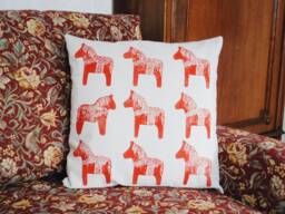 Handprinted Linen Decorative Pillow Case Red Horse Print, Animal Couch Pillow, Scandinavian Home Decor, Minimalistic White Cushion Cover - thumbnail 1