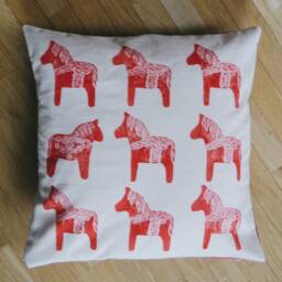 Handprinted Linen Decorative Pillow Case Red Horse Print, Animal Couch Pillow, Scandinavian Home Decor, Minimalistic White Cushion Cover - thumbnail 3