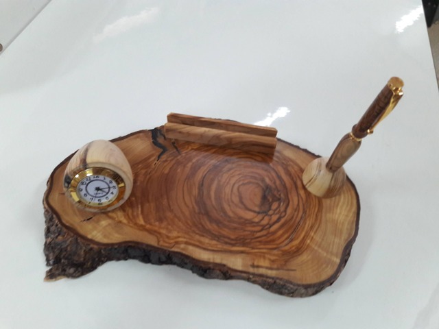 Handcrafted Office Tray, Olive Wood Pen Holder, Inlaid Watch, Business Card Holder - image 1