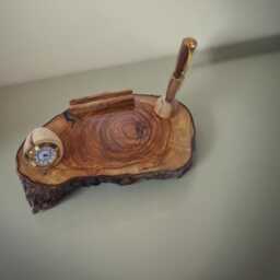Handcrafted Office Tray, Olive Wood Pen Holder, Inlaid Watch, Business Card Holder - thumbnail 3