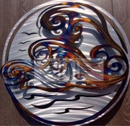 Heated Steel Ocean Wave Sculpture Polished Aluminum Wall Decor