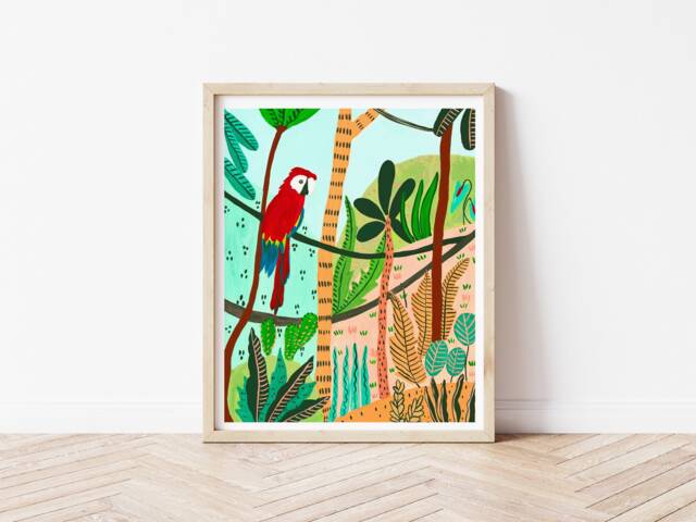 Scarlet Macaw, Tropical Art Print, Nursery Wall Decor, Parrot Jungle Illustration, Gift For Plant Lover, Kids Room - image 1