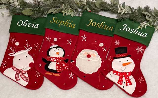 Personalised Red & Green Christmas Stocking, Santa, Reindeer, Penguin, Snowman - image 1