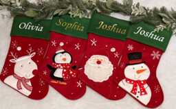 Personalised Red & Green Christmas Stocking, Santa, Reindeer, Penguin, Snowman