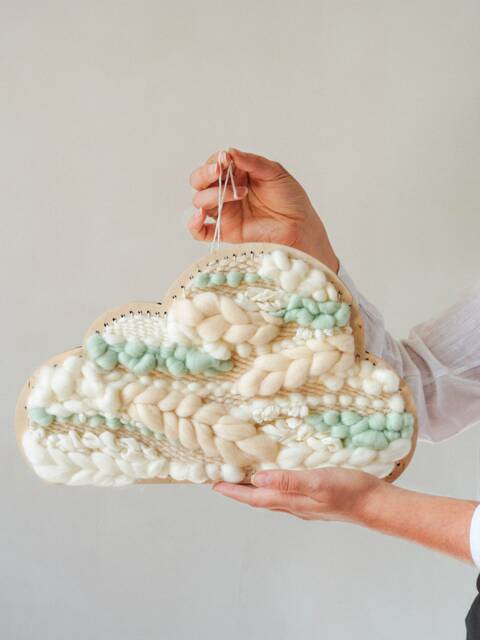 Woven Cloud Wall Hanging, Pastel Colors Decor For Nursery, Natural Wool Yarn, Loom Weaving - image 1
