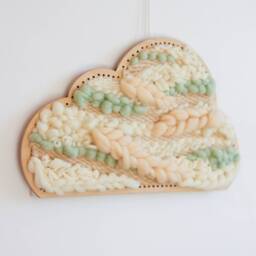 Woven Cloud Wall Hanging, Pastel Colors Decor For Nursery, Natural Wool Yarn, Loom Weaving - thumbnail 3