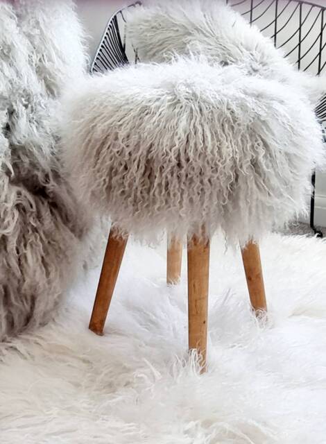 100% Fur Mongolian Sheep Skin Stool Dove Gray With Wooden Legs - image 1