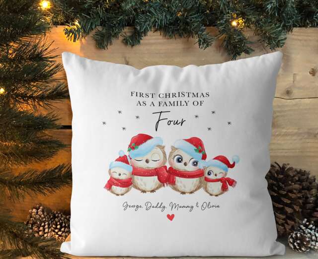 Personalised First Christmas As A Family Of Four Gift, Cushion, Decor, 1st Xmas, Owls, Cover & Inner, Xmas Decorations - image 1