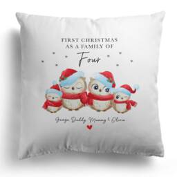 Personalised First Christmas As A Family Of Four Gift, Cushion, Decor, 1st Xmas, Owls, Cover & Inner, Xmas Decorations - thumbnail 2