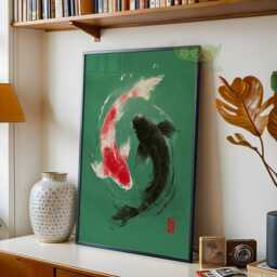 Koi Fish Wall Art, Japanese Pond Painting, Zen Water Artwork, Minimalist Asian Print, Japandi Style Decor, Tranquil Nature Art - thumbnail 2