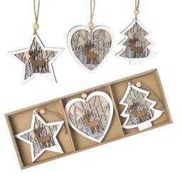Set Of 6 White & Silver Wooden Christmas Tree Decorations in Star, Heart & Shapes With Stags - Decor Rustic Reindeer Glitter Sparkle