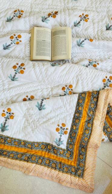 Floral Block Print Quilt Handmade Reversible Cotton Bedspread - image 1
