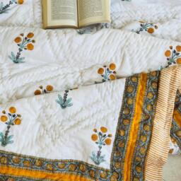 Floral Block Print Quilt Handmade Reversible Cotton Bedspread - thumbnail 4