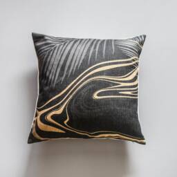 Black & Gold Marble Linen Pillow Cover With Palm Leaf Accent