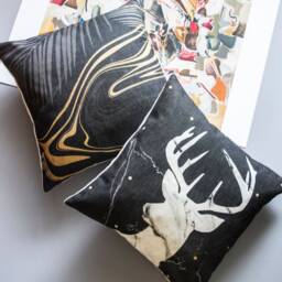 Black & Gold Marble Linen Pillow Cover With Palm Leaf Accent - thumbnail 3