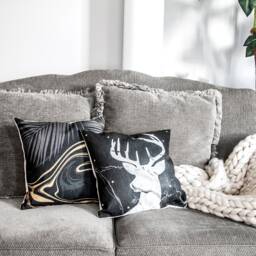 Black & Gold Marble Linen Pillow Cover With Palm Leaf Accent - thumbnail 2