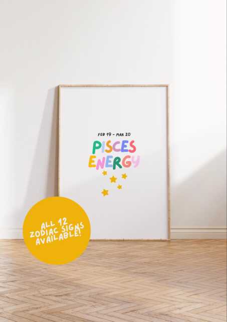 Zodiac Wall Prints - Astrology Posters, Decor, Star Sign, Gift For Her, Birthday, Groovy, Vibrant, Colourful A2/A3/A4/A5/8x10/5x7 - image 1